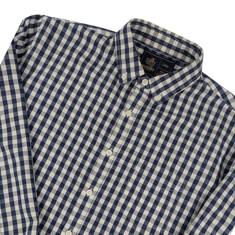 Rugby University Mens Large Navy White Gingham Button Down Shirt Long Sleeve
